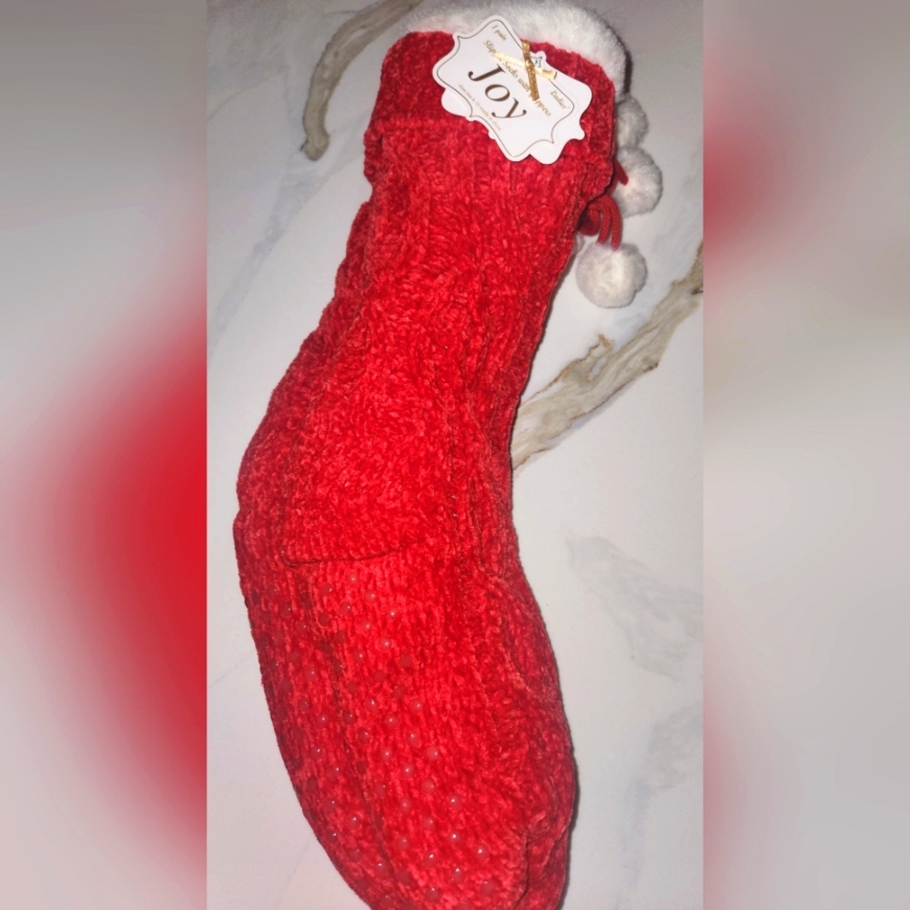 Joy Red Fluffy Christmas Sock Slippers